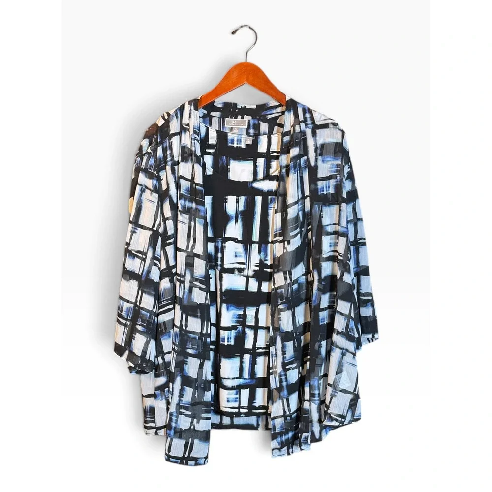 JM Collection Womens XL Blue Black Abstract Grid 2pc Tank & Sheer Cardigan Set